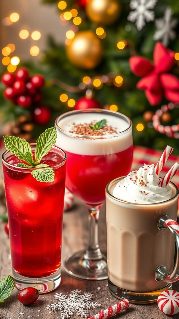 A collection of vibrant Christmas cocktails including cranberry cocktail, eggnog, and peppermint hot chocolate, set against a festive backdrop.